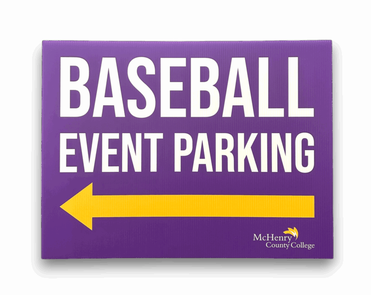 Custom event signage for McHenry College used for event branding and attendee wayfinding