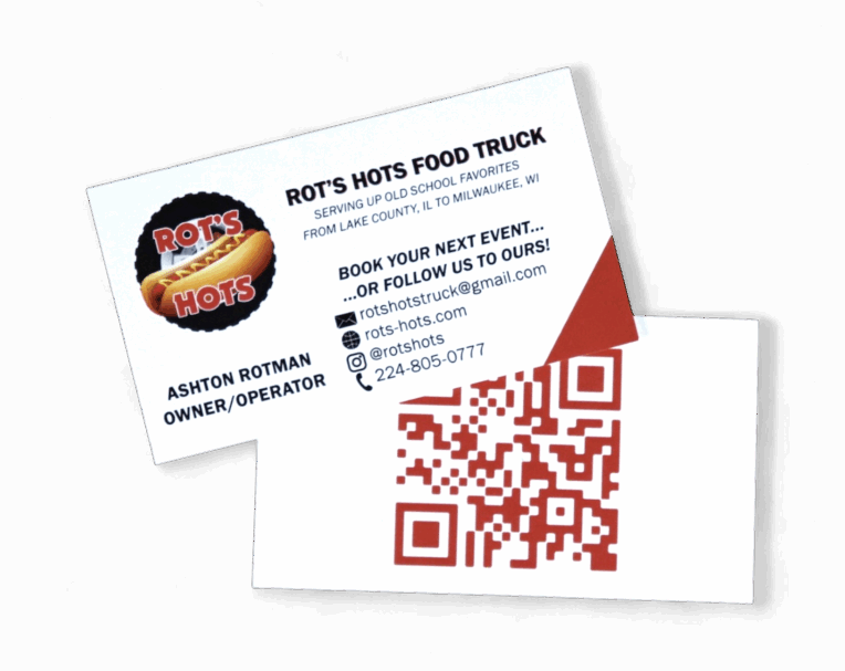 Custom business card for Rots Hots featuring bold colors, playful branding, and contact information for a food truck business