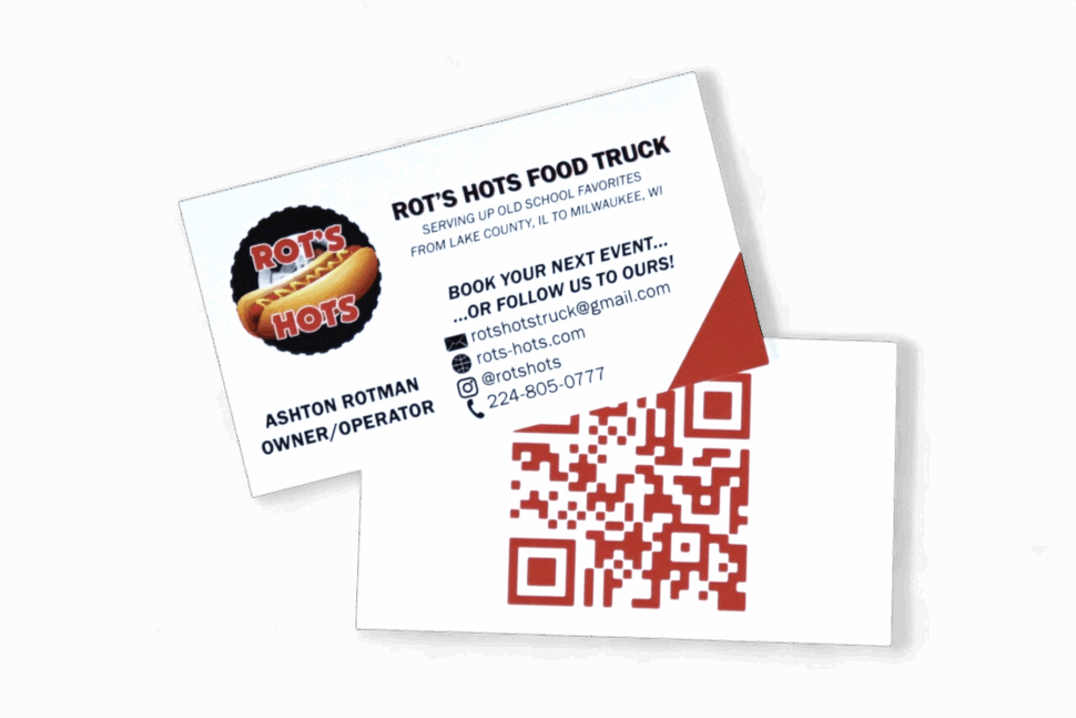 Custom business card for Rots Hots featuring bold colors, playful branding, and contact information for a food truck business