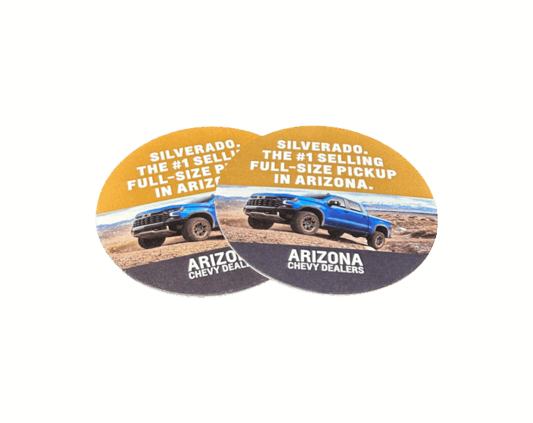 Custom printed coasters featuring the Chevy logo and bold design for promotional giveaways and branded events