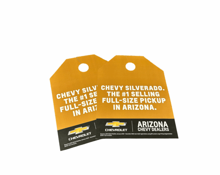 Custom printed Chevy hang tags featuring branded design and clean layout for automotive display or dealership promotions