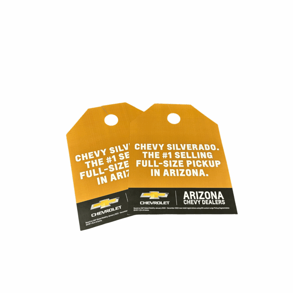Custom printed Chevy hang tags featuring branded design and clean layout for automotive display or dealership promotions