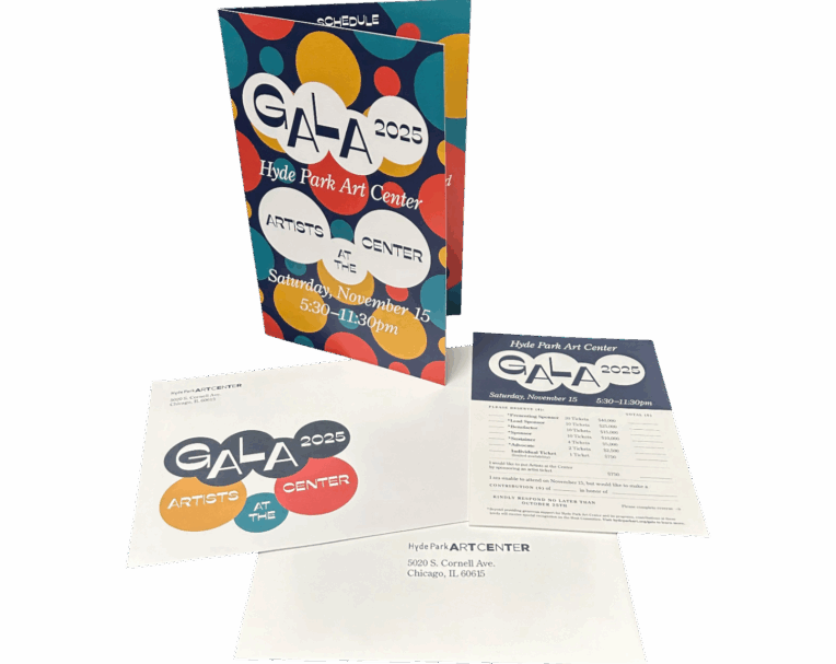 Elegant gala invitation for Hyde Park Artists featuring artistic typography, premium print, and coordinating envelope