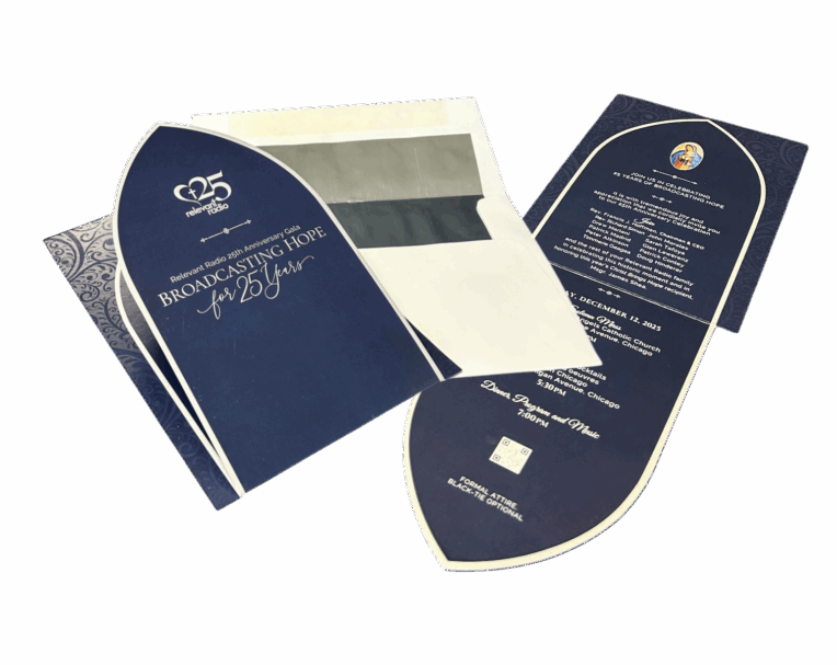 Custom printed invitation suite for the Broadcasting Hope Gala including an invite card, RSVP insert, and branded envelope