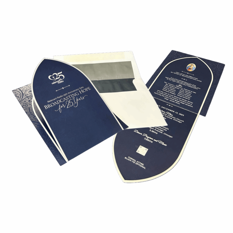 Custom printed invitation suite for the Broadcasting Hope Gala including an invite card, RSVP insert, and branded envelope