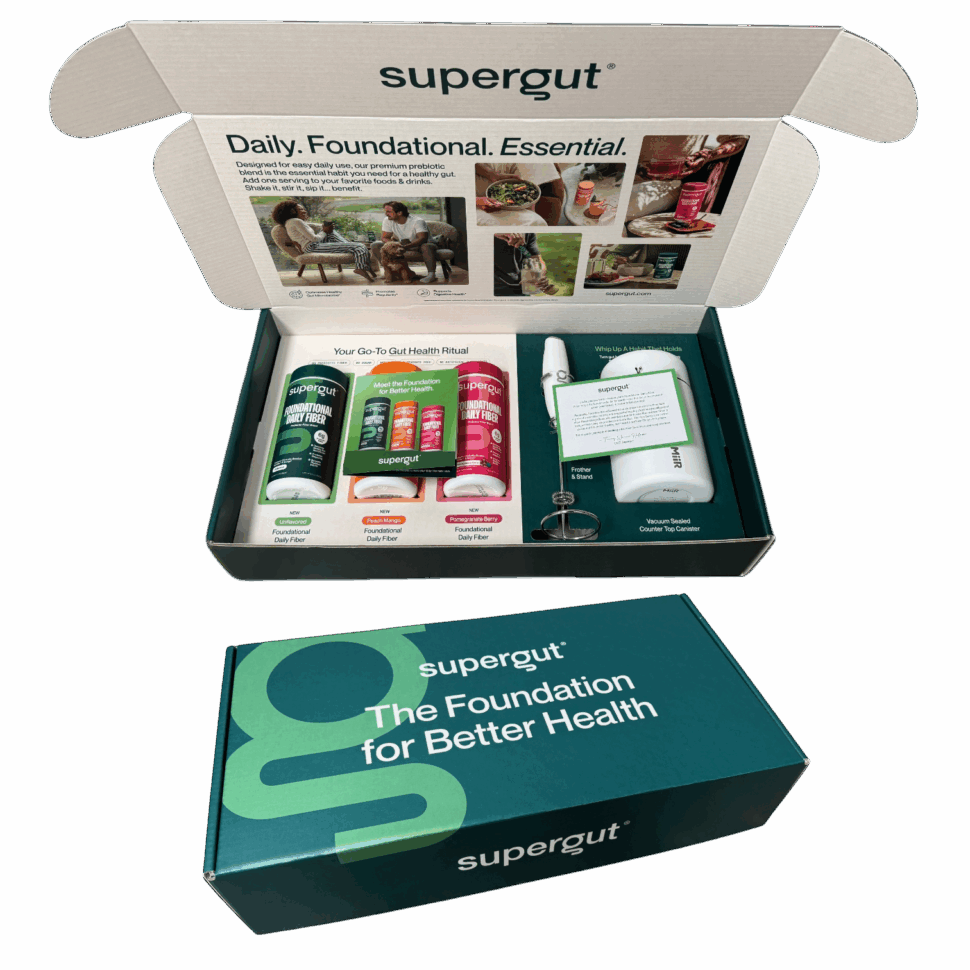 Custom influencer box for Supergut featuring bright branding, fitted inserts, and an engaging unboxing experience