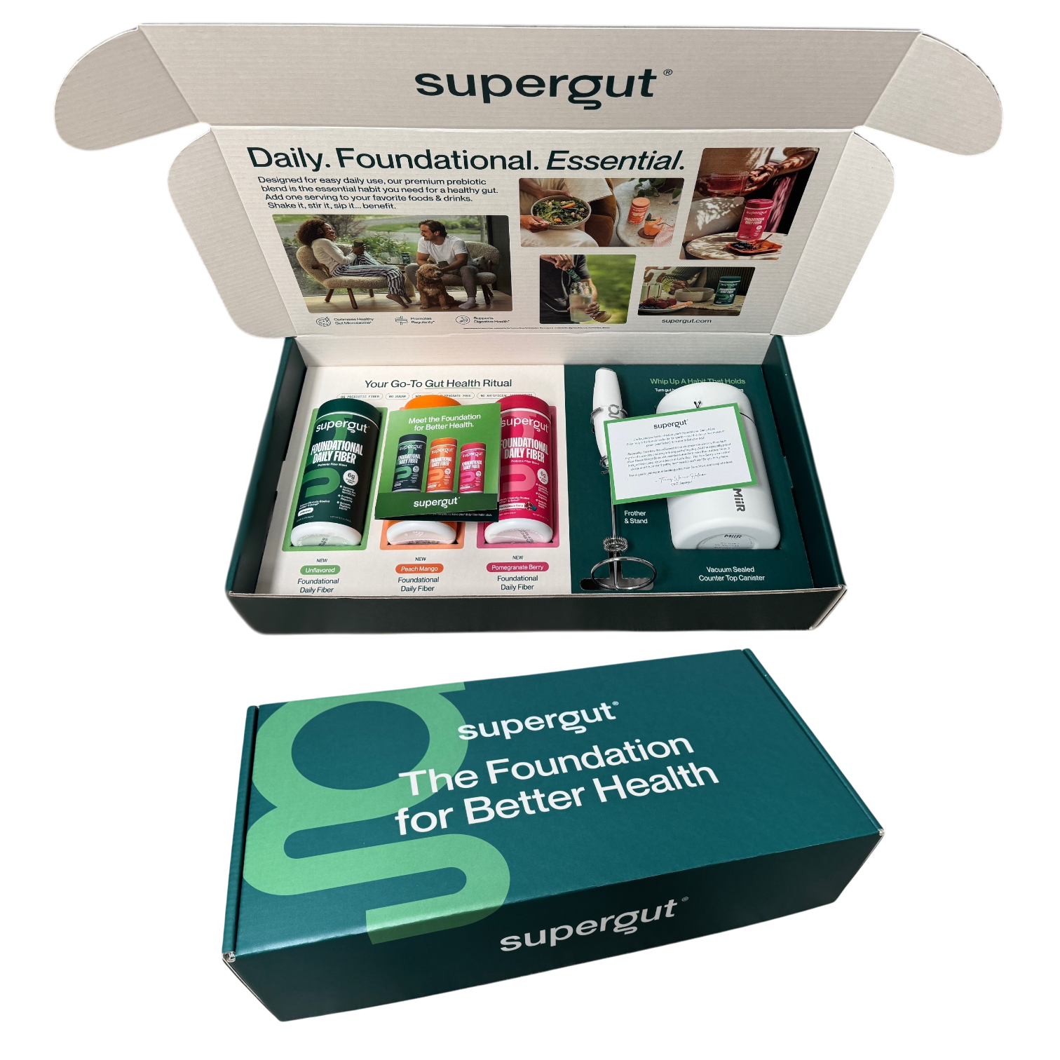 Custom influencer box for Supergut featuring bright branding, fitted inserts, and an engaging unboxing experience