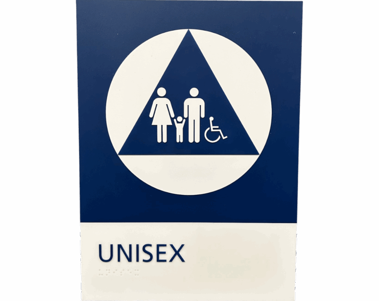 Custom ADA compliant restroom sign featuring raised lettering, braille, and high-contrast icons for accessibility