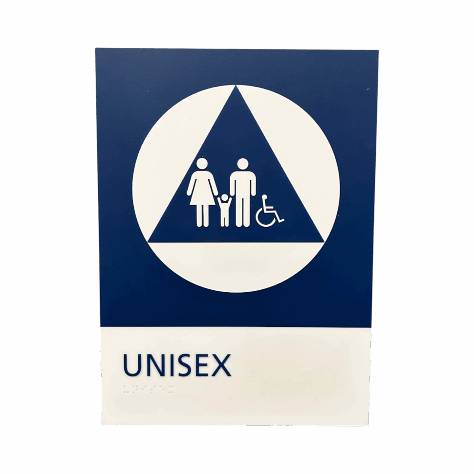 Custom ADA compliant restroom sign featuring raised lettering, braille, and high-contrast icons for accessibility