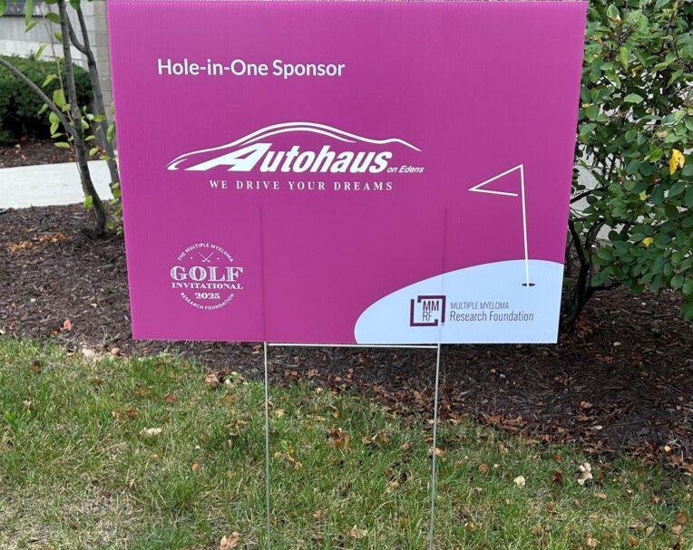 Custom printed yard sign for MMRF golf outing featuring bold sponsor branding and durable outdoor display