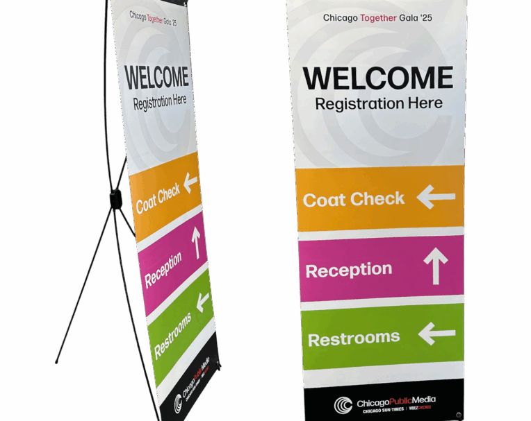 Large-format printed welcome banner for WBEZ with bold logo and clean design for entryway or event display