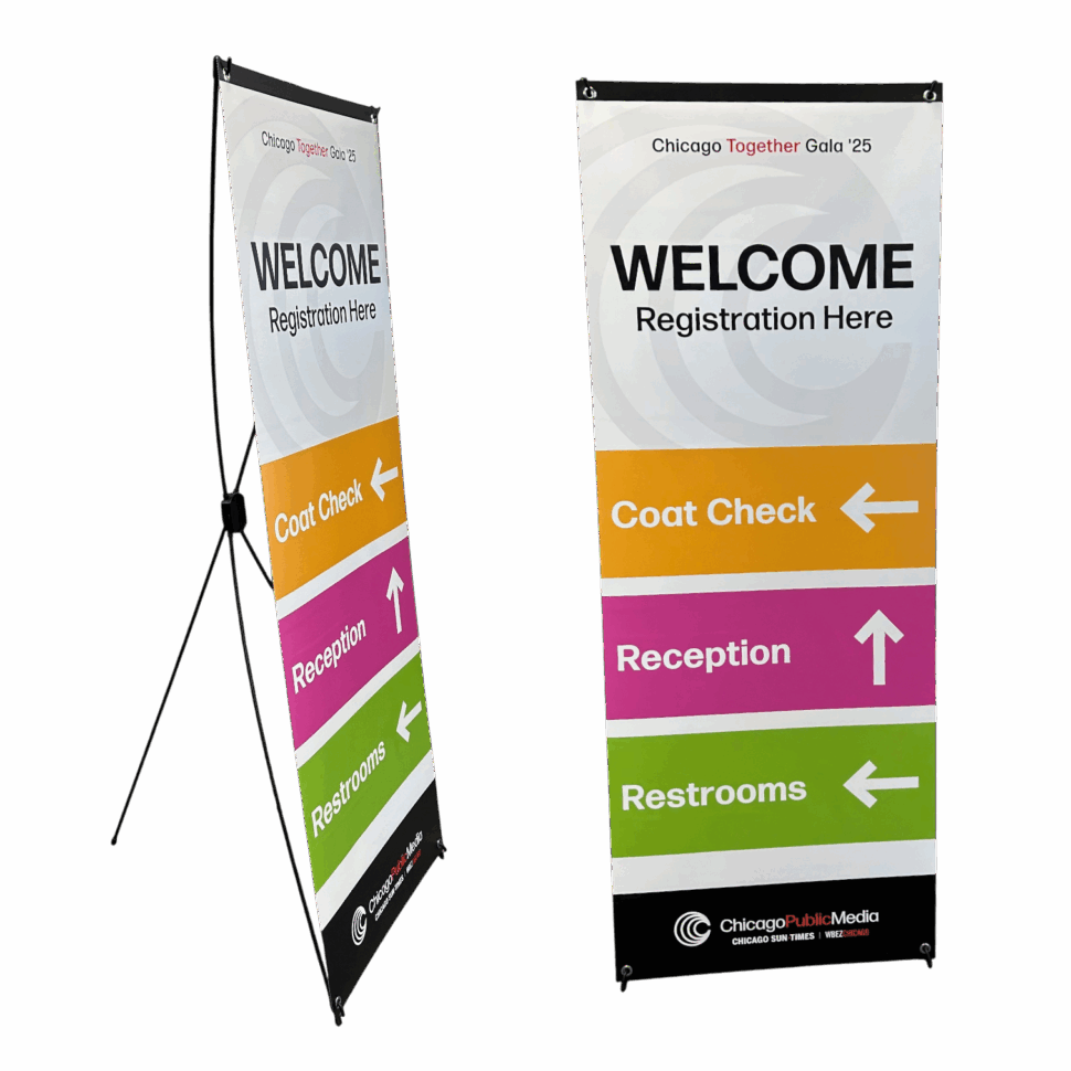 Large-format printed welcome banner for WBEZ with bold logo and clean design for entryway or event display