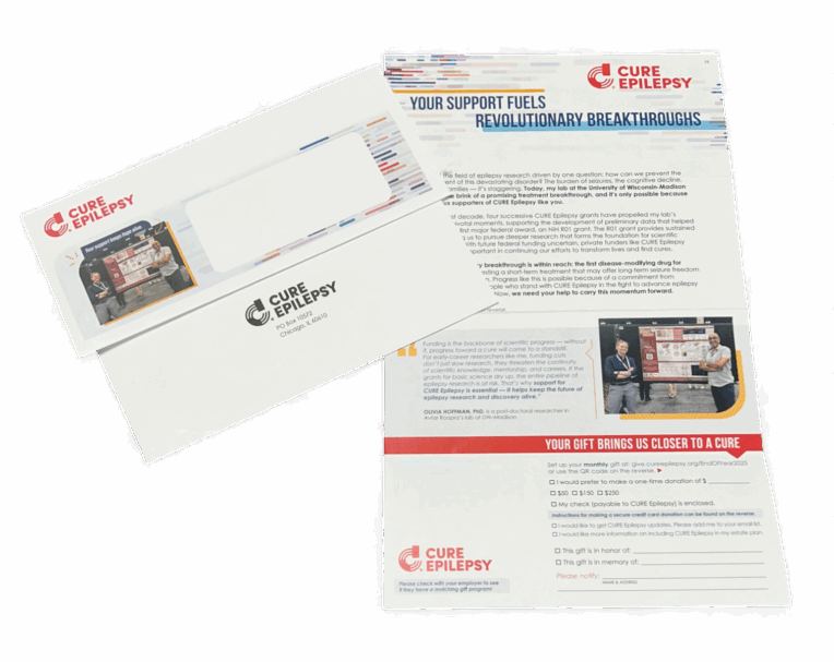 Direct mail fundraising appeal for CURE Epilepsy with bold graphics and a perforated tear-off reply slip for easy donor response