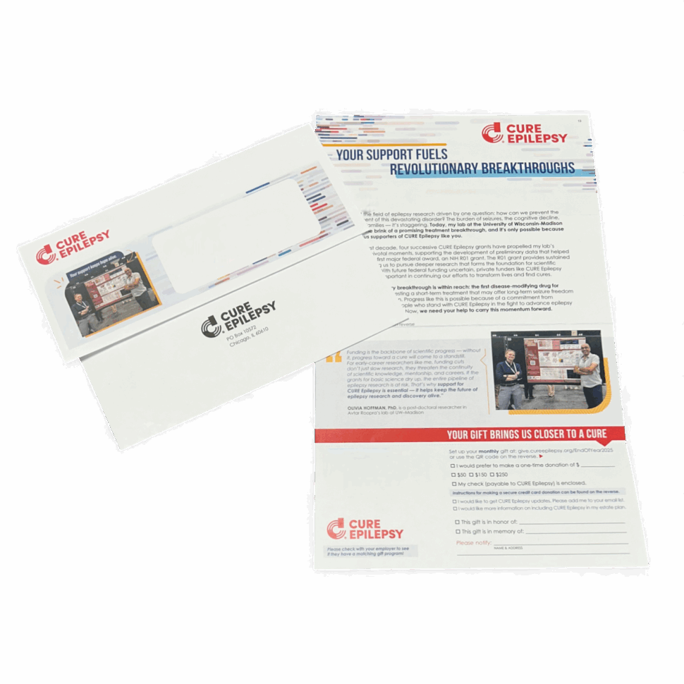Direct mail fundraising appeal for CURE Epilepsy with bold graphics and a perforated tear-off reply slip for easy donor response