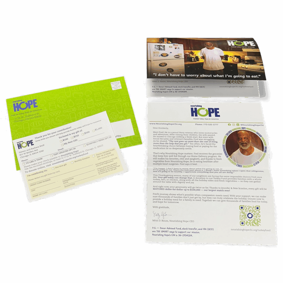 Direct mail fundraising package for Nourishing Hope featuring a custom letter, reply slip, and branded envelope