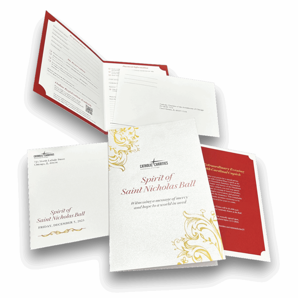 Printed invitation suite for the Catholic Charities Spirit of Saint Nicholas Ball, featuring a folded invite with pearlized paper, RSVP card, and coordinating envelope