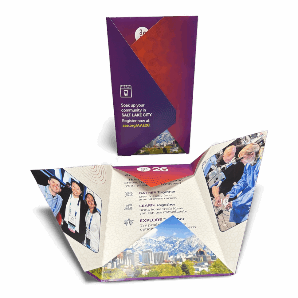 Custom folded brochure for AAE with a diagonal cut design, vibrant colors, and structured layout for brand messaging