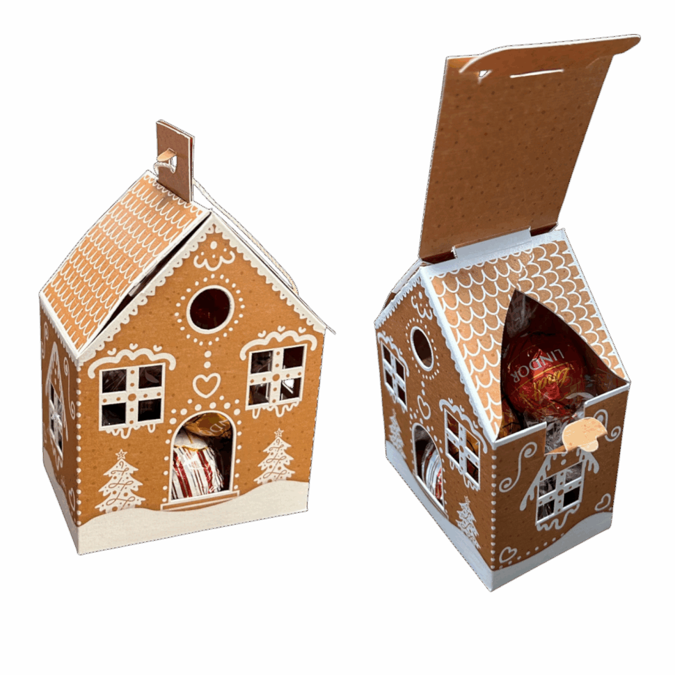Custom die-cut gingerbread house ornament by United GMG filled with chocolate for customer and employee gifts