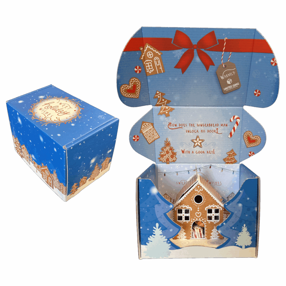 251728-UGMG Holiday Box-Photoroom United GMG holiday box with tray insert holding chocolate-filled gingerbread house ornament and full-color festive design created for seasonal gift