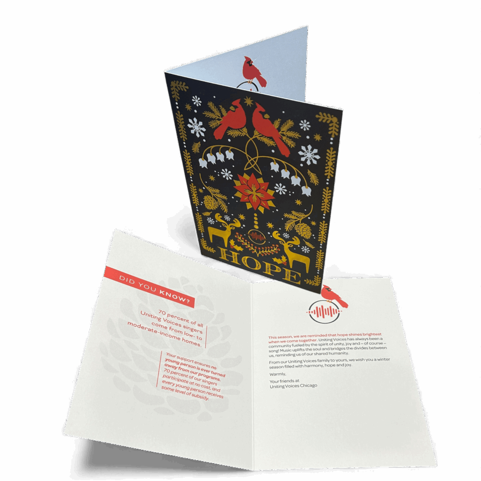 251790 Uniting Voices Holiday Card-Photoroom Custom printed holiday card for Uniting Voices Chicago featuring a gold foil snowflake design, vibrant colors, and high-quality paper stock