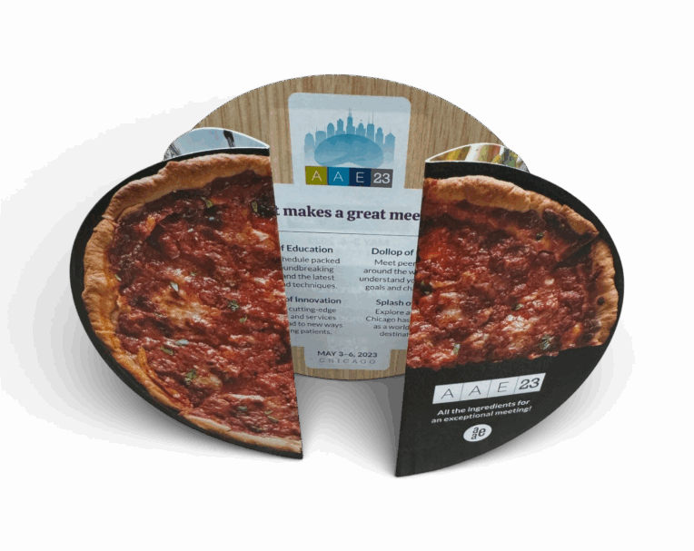 Award-winning circular die-cut card for AAE featuring bold graphics and layered inserts for impactful direct mail engagement