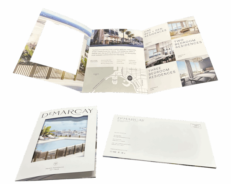 Custom tri-fold mailer for Demarcay featuring refined design and full-color print for real estate direct mail marketing