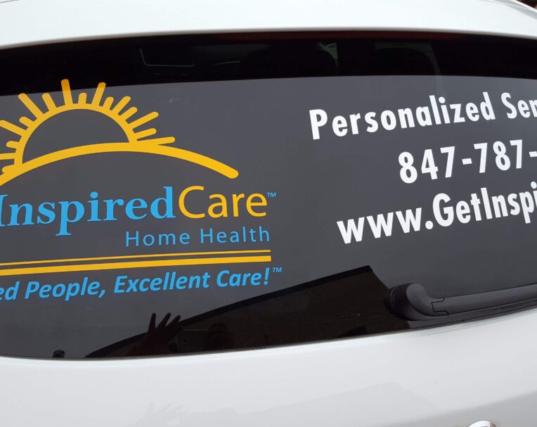 Full-color vehicle graphics for Inspired Care featuring branded messaging and vinyl wrap for mobile home care promotion