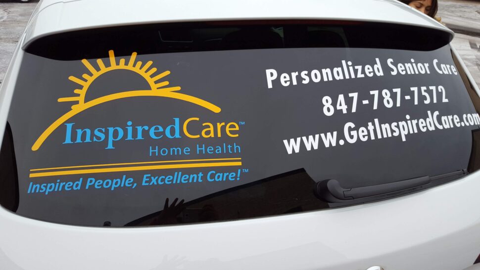 Full-color vehicle graphics for Inspired Care featuring branded messaging and vinyl wrap for mobile home care promotion