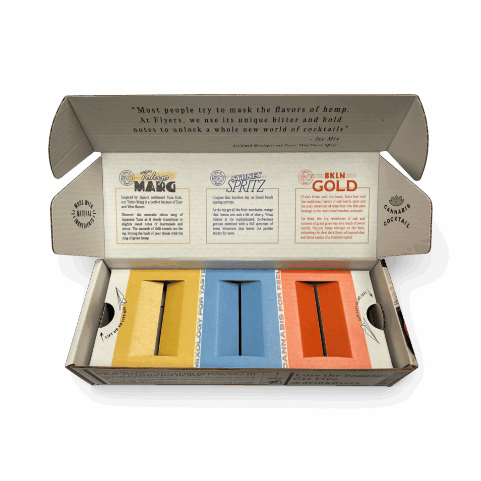 Custom influencer box for Flyers Cocktail featuring branded insert, vibrant packaging, and space for canned cocktail samples