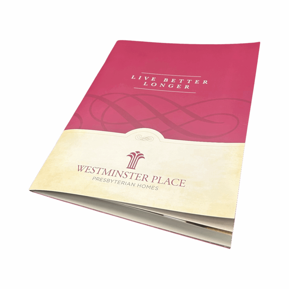 Saddle-stitched booklet for Westminster Place featuring full-color photography and inviting layout for community marketing
