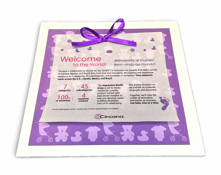 Circana announcement card with 3 layers tied with a bow, full-color design, and bold branding