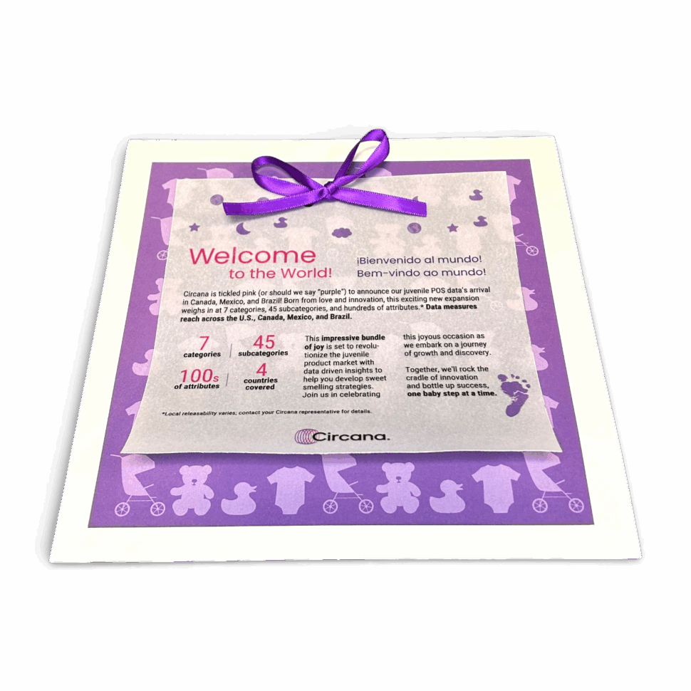 251918 Circana Announcement Card Circana announcement card with 3 layers tied with a bow, full-color design, and bold branding