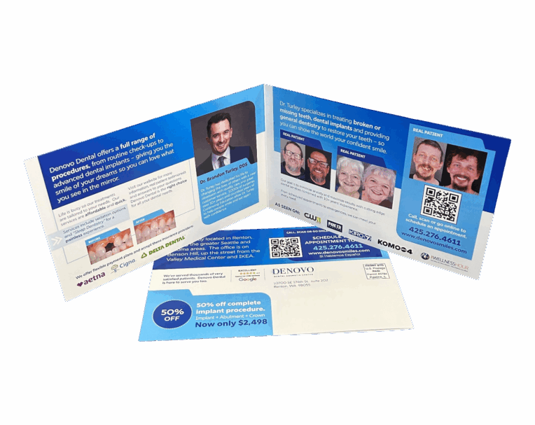 Custom printed mailer for Denovo featuring clean design and branded messaging for professional outreach and marketing