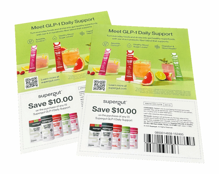 Custom printed coupons for Supergut featuring bold branding and promotional offers for product marketing and customer engagement