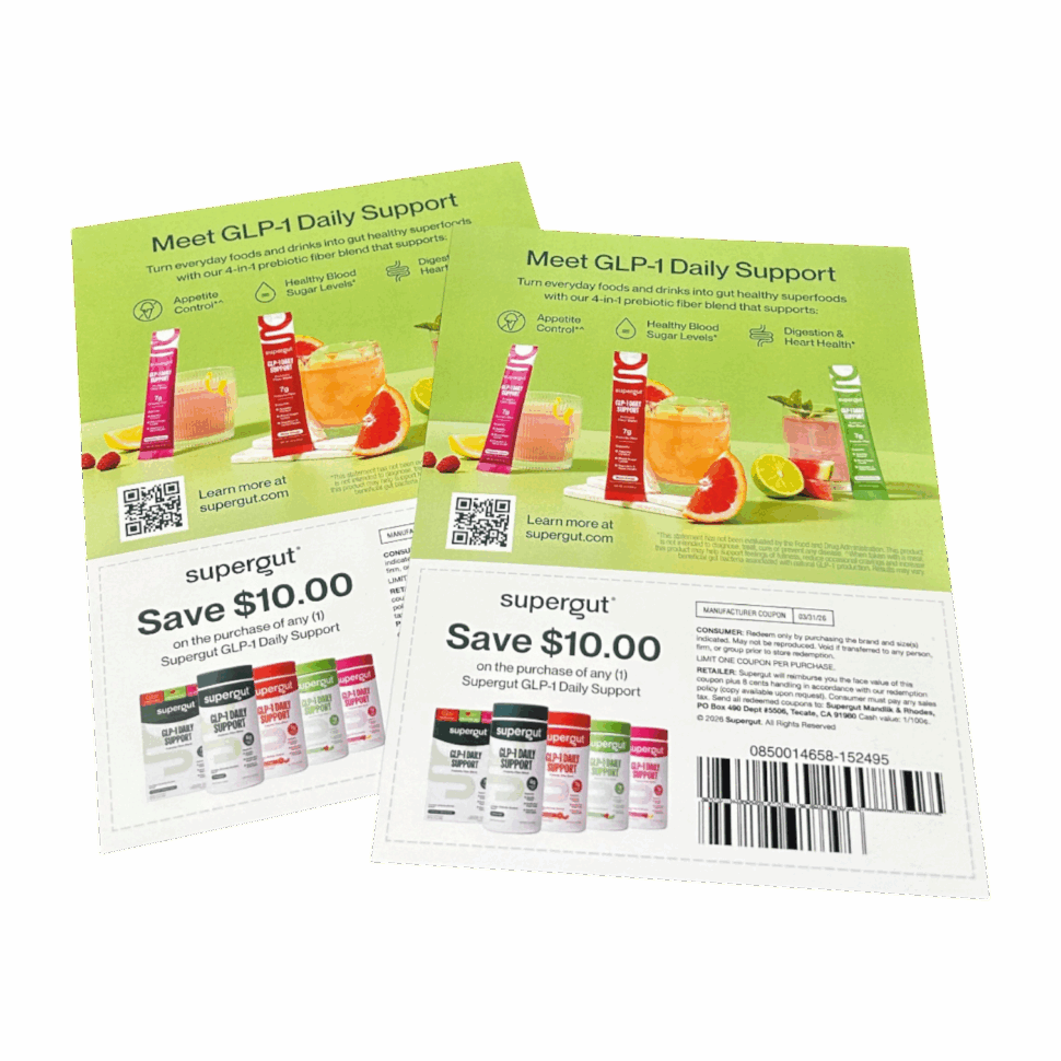Custom printed coupons for Supergut featuring bold branding and promotional offers for product marketing and customer engagement