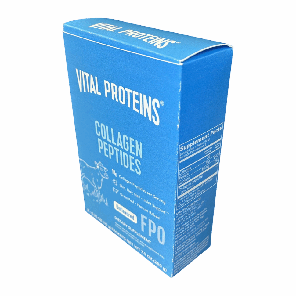 Custom printed product package for Vital Proteins featuring vibrant branding and structural design for peptide product display