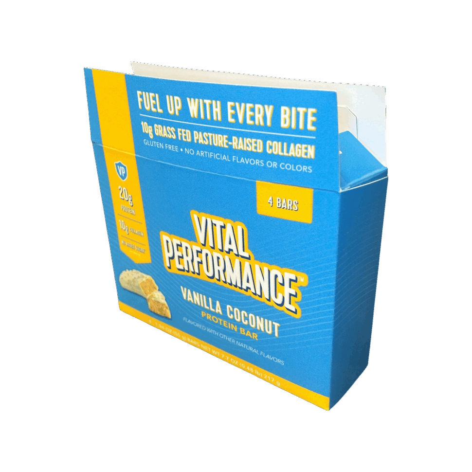Custom printed box for Vital Performance bars featuring bold branding and secure product layout for retail or promotional use