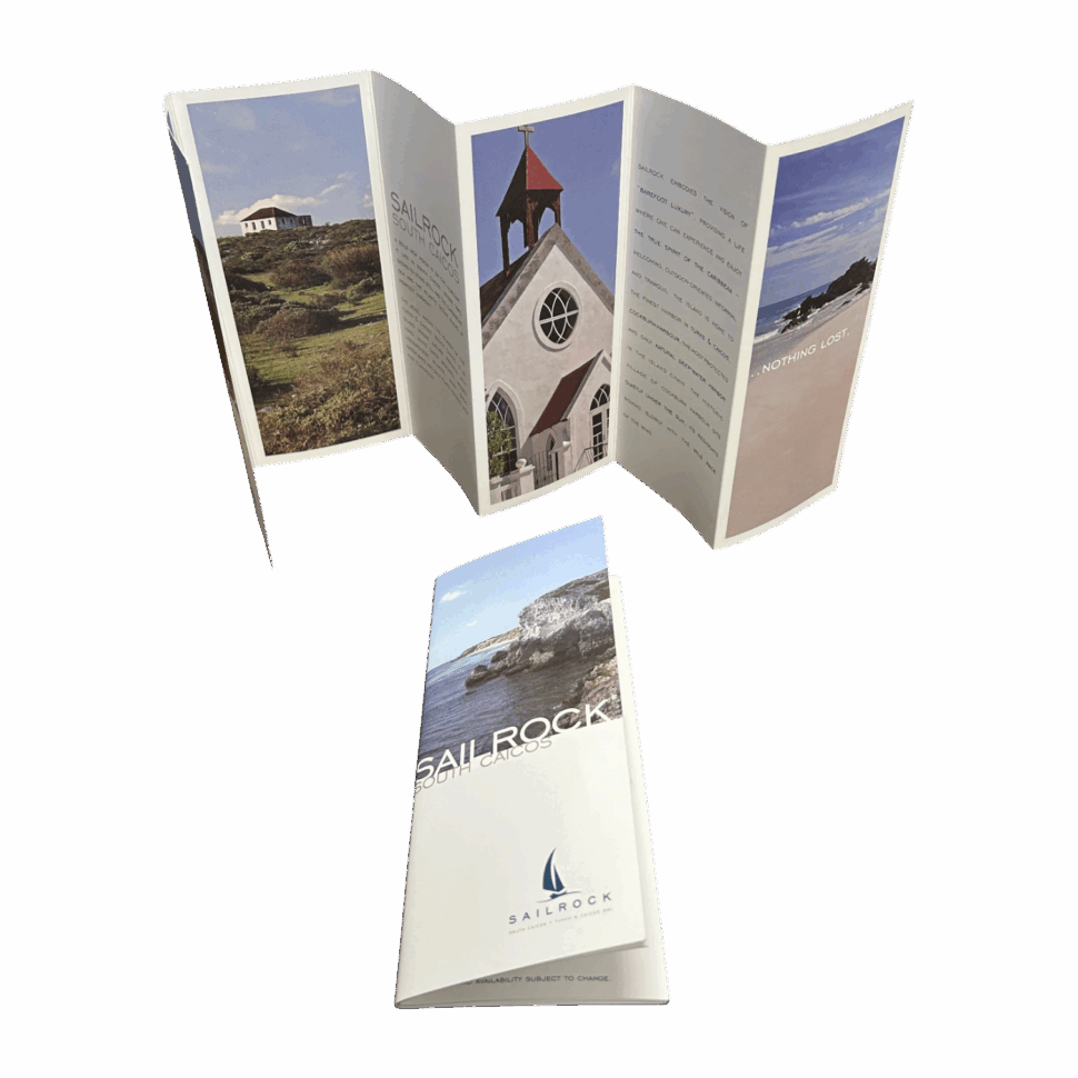 Custom printed brochure for Sailrock South Caicos featuring scenic photography and upscale design for luxury property marketing
