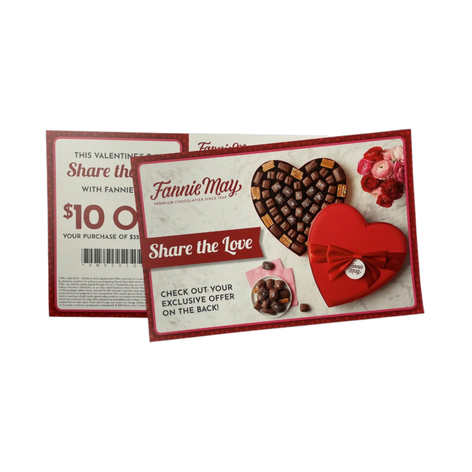 Custom printed postcard for Fannie May used for retail promotion and outreach