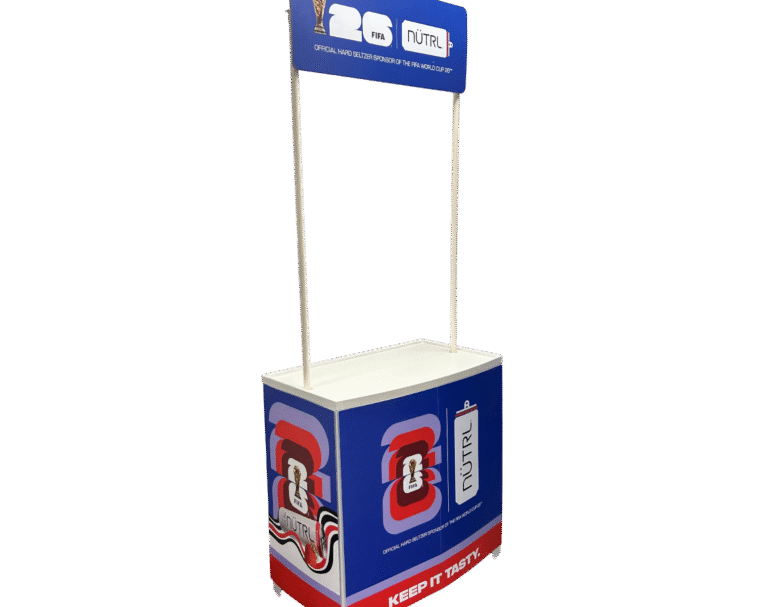 Custom sampling cart for NÜTRL featuring full-color branding and mobile structure for World Cup promotional events