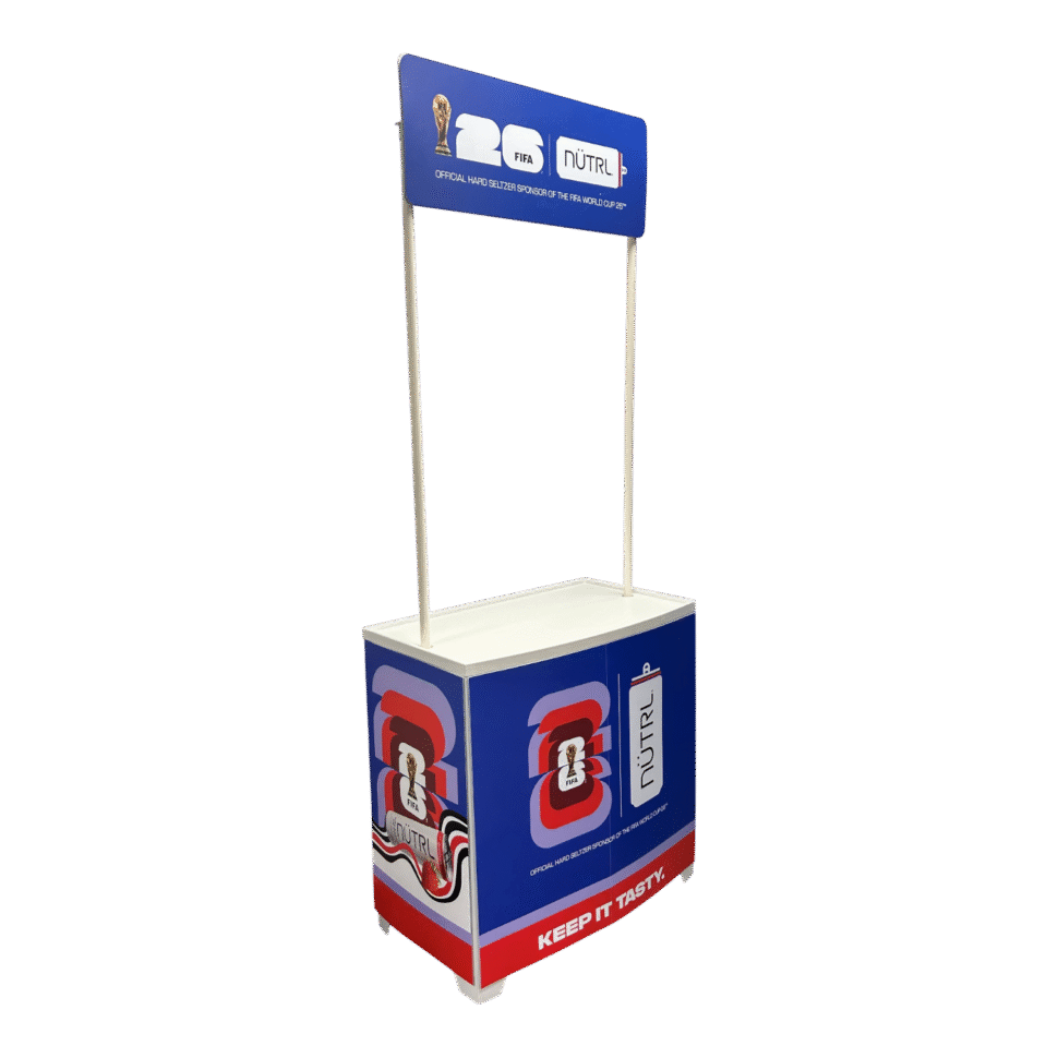 Nutrl FIFA Sampling Cart Custom sampling cart for NÜTRL featuring full-color branding and mobile structure for World Cup promotional events