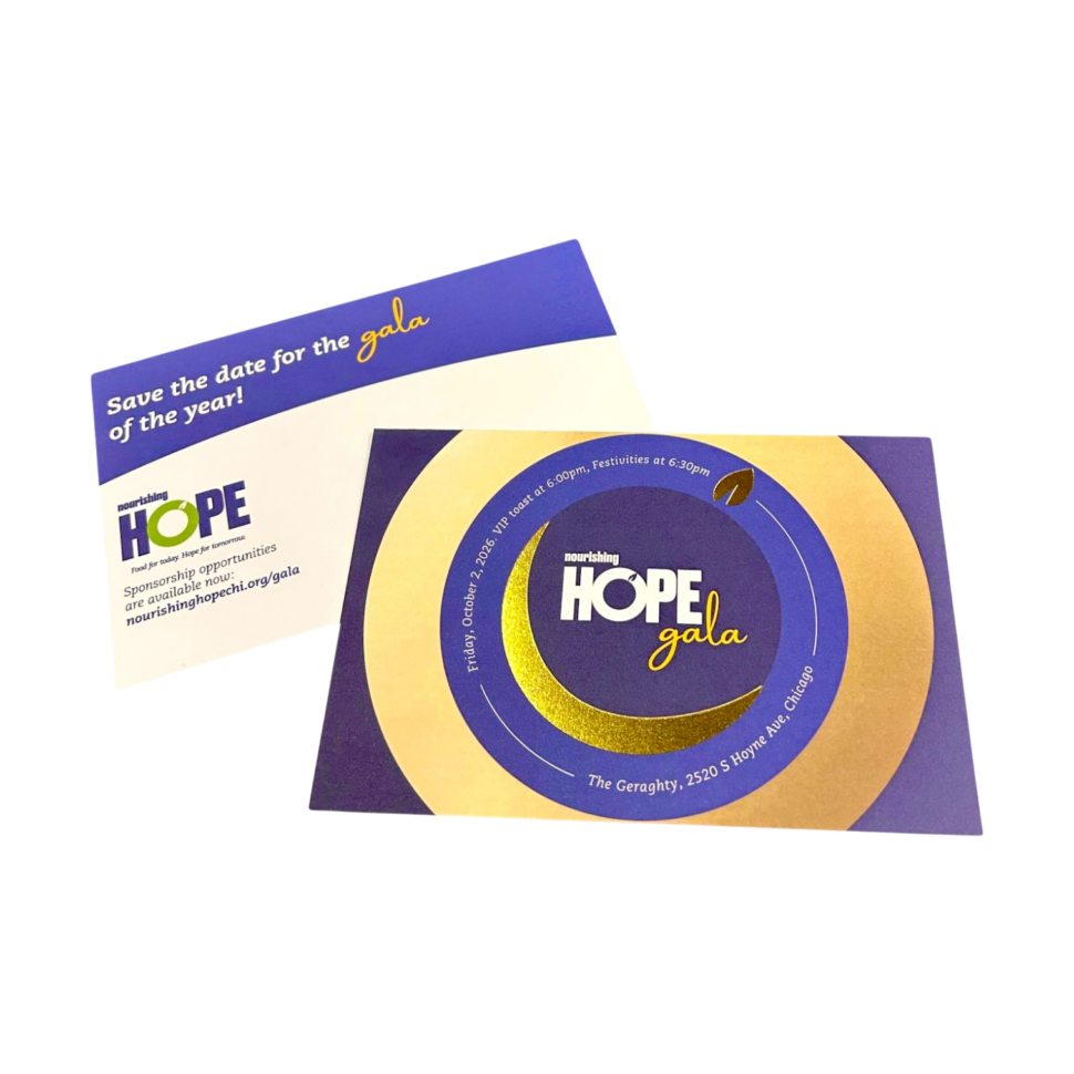 260286 Nourishing Hope Foil PC Custom foil postcard for Nourishing Hope used for fundraising and donor engagement
