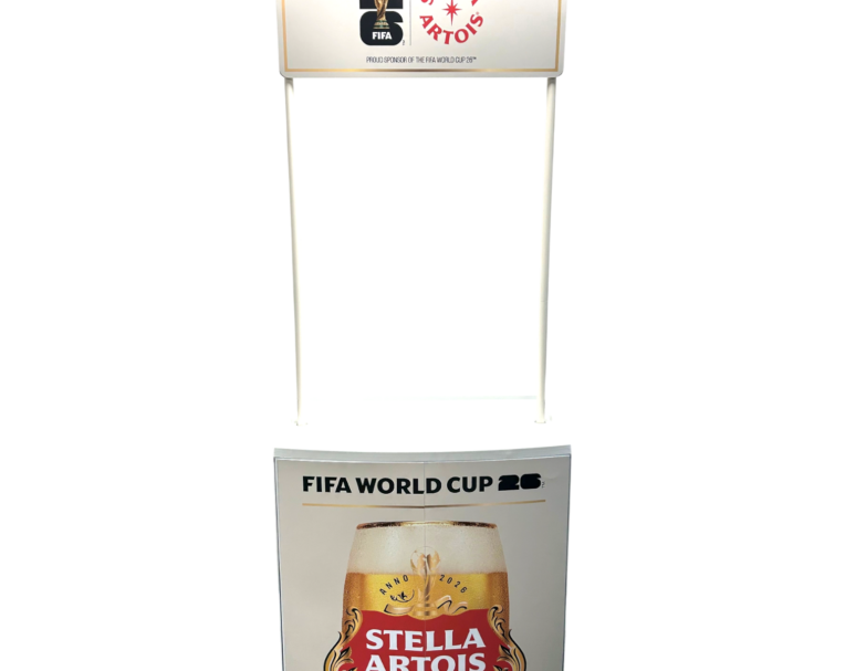 Branded Stella Artois sampling cart with FIFA World Cup 26 graphics, featuring a full printed counter wrap with a pint glass graphic and custom overhead header sign