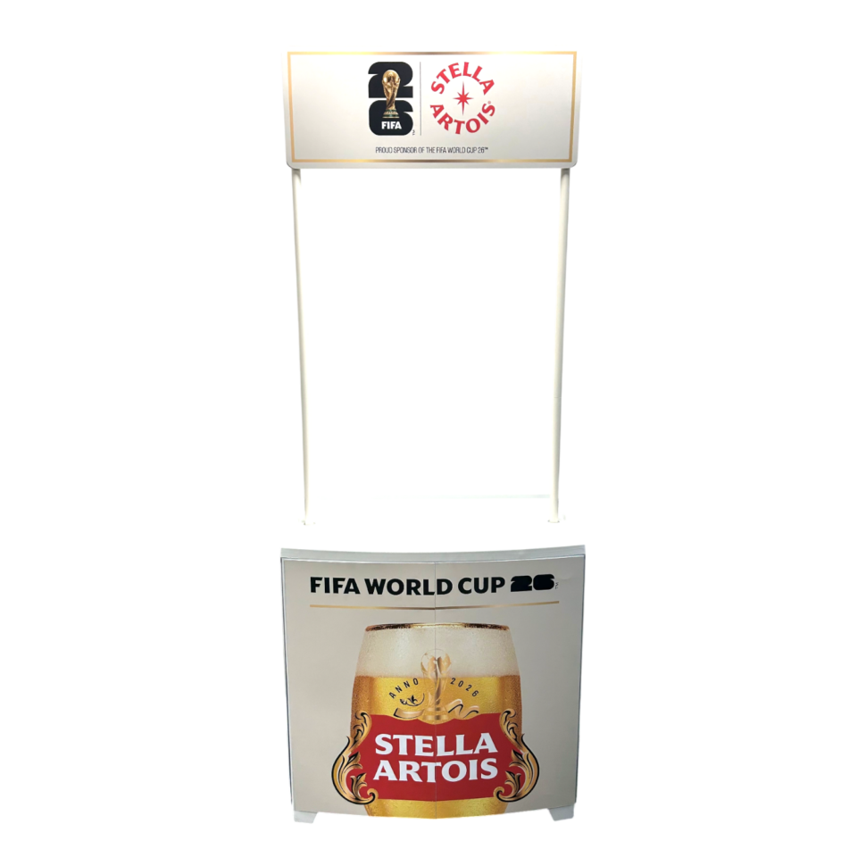 250485 Stella Artois FIFA Sampling Cart Branded Stella Artois sampling cart with FIFA World Cup 26 graphics, featuring a full printed counter wrap with a pint glass graphic and custom overhead header sign