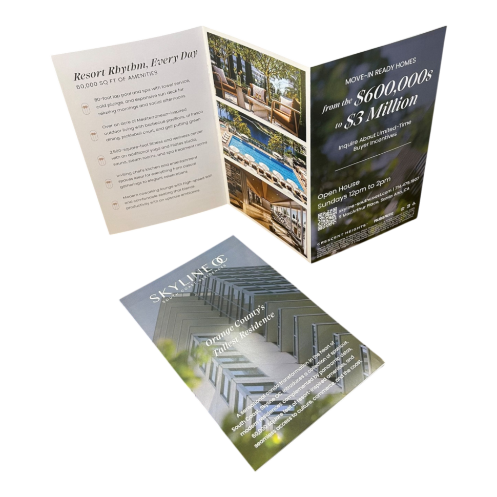 Z-fold real estate brochure for Crescent Heights' Skyline OC residences, open to show full-color property photography, amenity listings, and pricing information alongside a dark-toned back panel