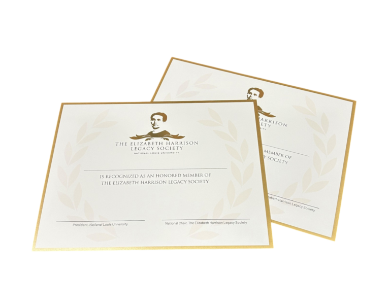 Custom printed membership certificates for the Elizabeth Harrison Legacy Society at National Louis University, featuring gold foil borders, laurel wreath watermark, and cream stock, produced by United GMG