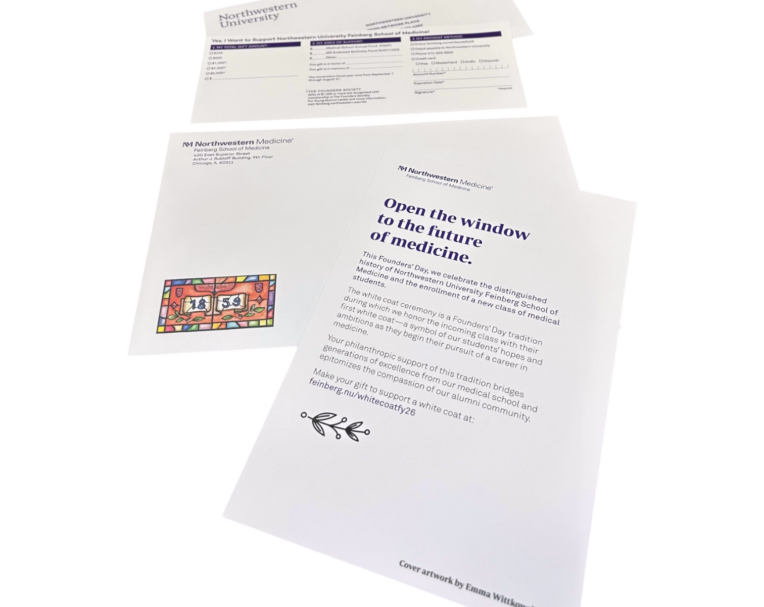 Nonprofit direct mail appeal package for Northwestern University Feinberg School of Medicine, showing a printed appeal letter, donor reply card, and return envelope.