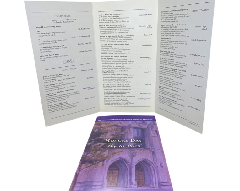 Tri-fold Honors Day program printed for Northwestern University Feinberg School of Medicine, open to show faculty and student awards listings alongside a purple full-color cover.