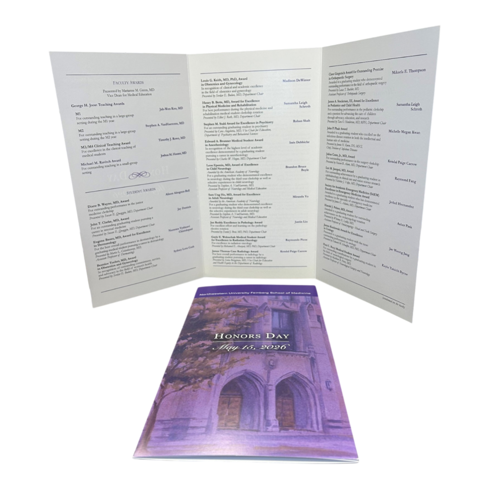 260734 NW Honors Day Program Tri-fold Honors Day program printed for Northwestern University Feinberg School of Medicine, open to show faculty and student awards listings alongside a purple full-color cover.