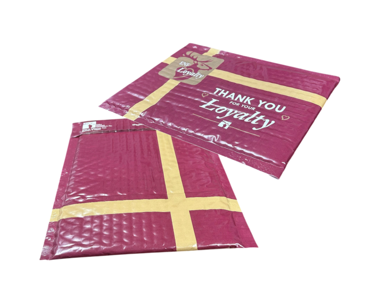 Custom printed maroon and gold bubble mailers for the Elks National Foundation ENF Loyalty program, produced by United GMG.